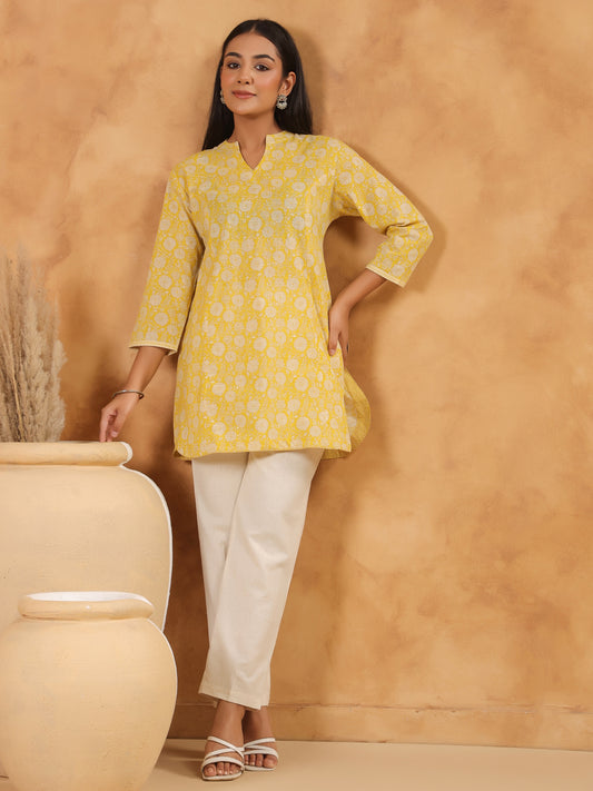 Span Yellow Mandarin Neck Cotton Kurta