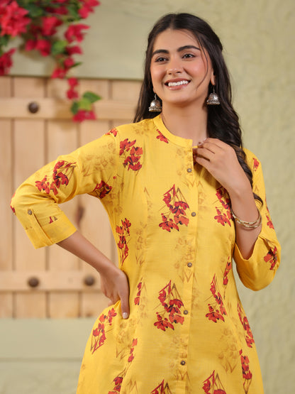 Span Yellow Mandarin Cotton Casual Kurta