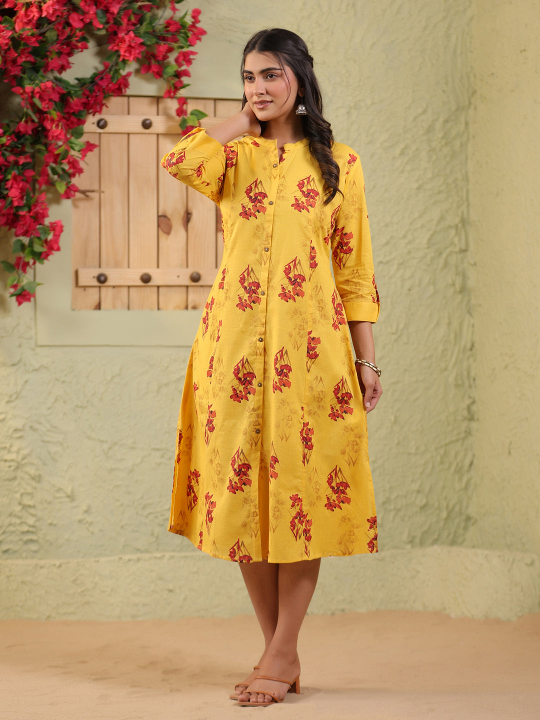 Span Yellow Mandarin Cotton Casual Kurta