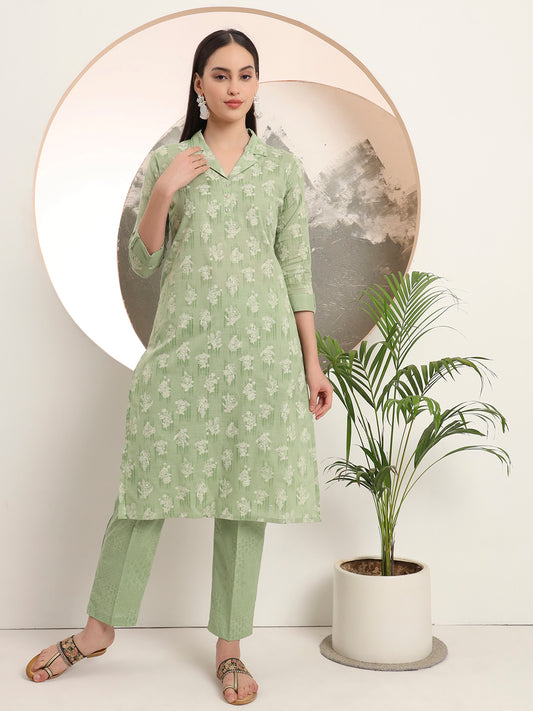 Span Green Collard Cotton Kurta