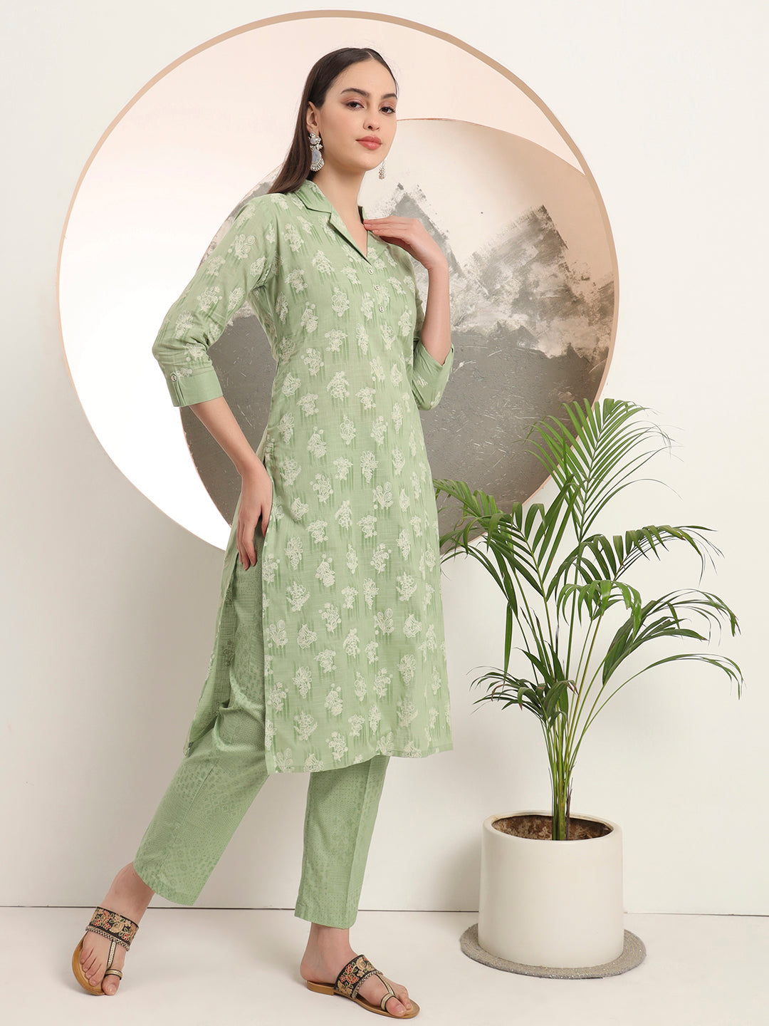 Span Green Collard Cotton Kurta