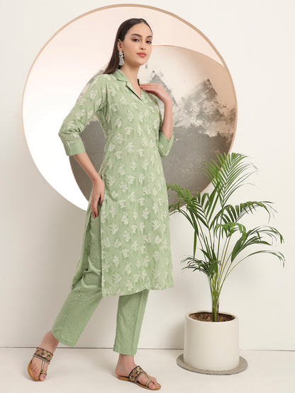 Span Green Collard Cotton Kurta