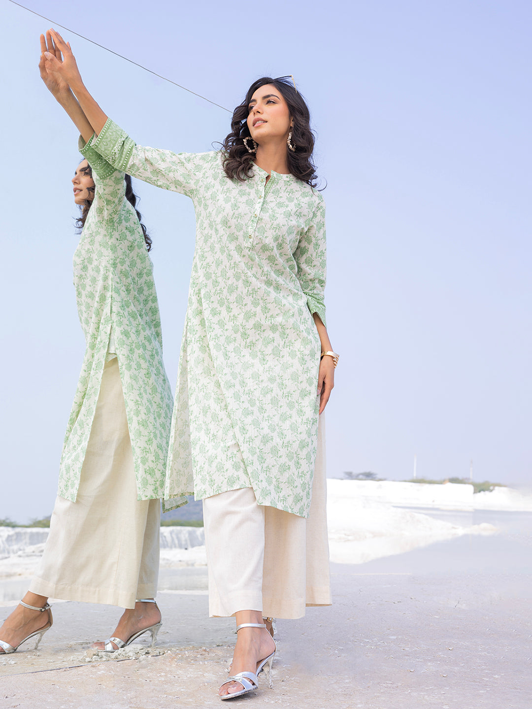 Span Ivory Mandarin Cotton Casual Kurta