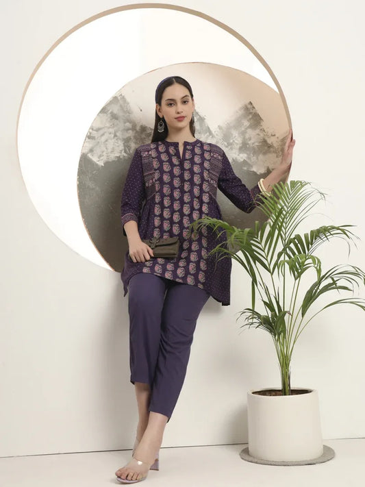 Span Purple Mandarin Visocse Short Kurta
