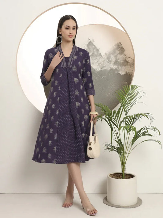 Span Purple Deep-V Rayon Kurta