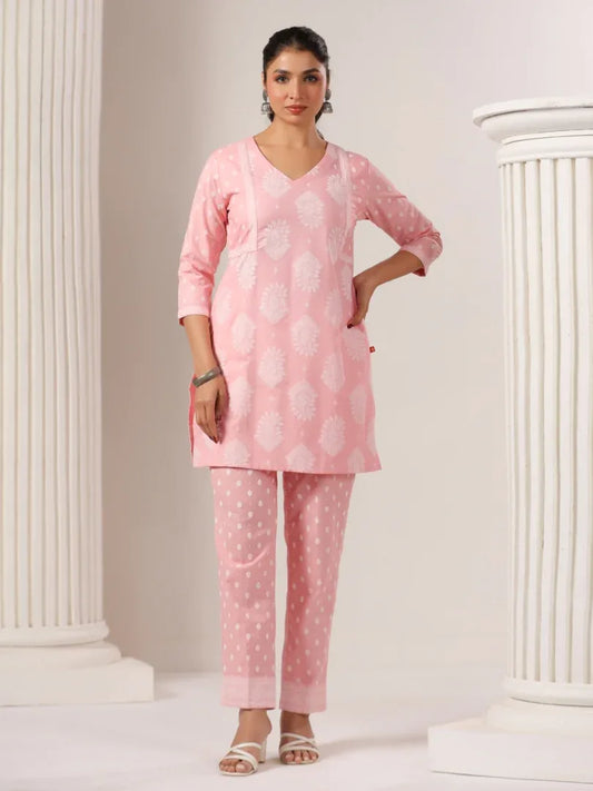 Span Pink V-Neck Cotton Co-Ord Set (Set of 2)