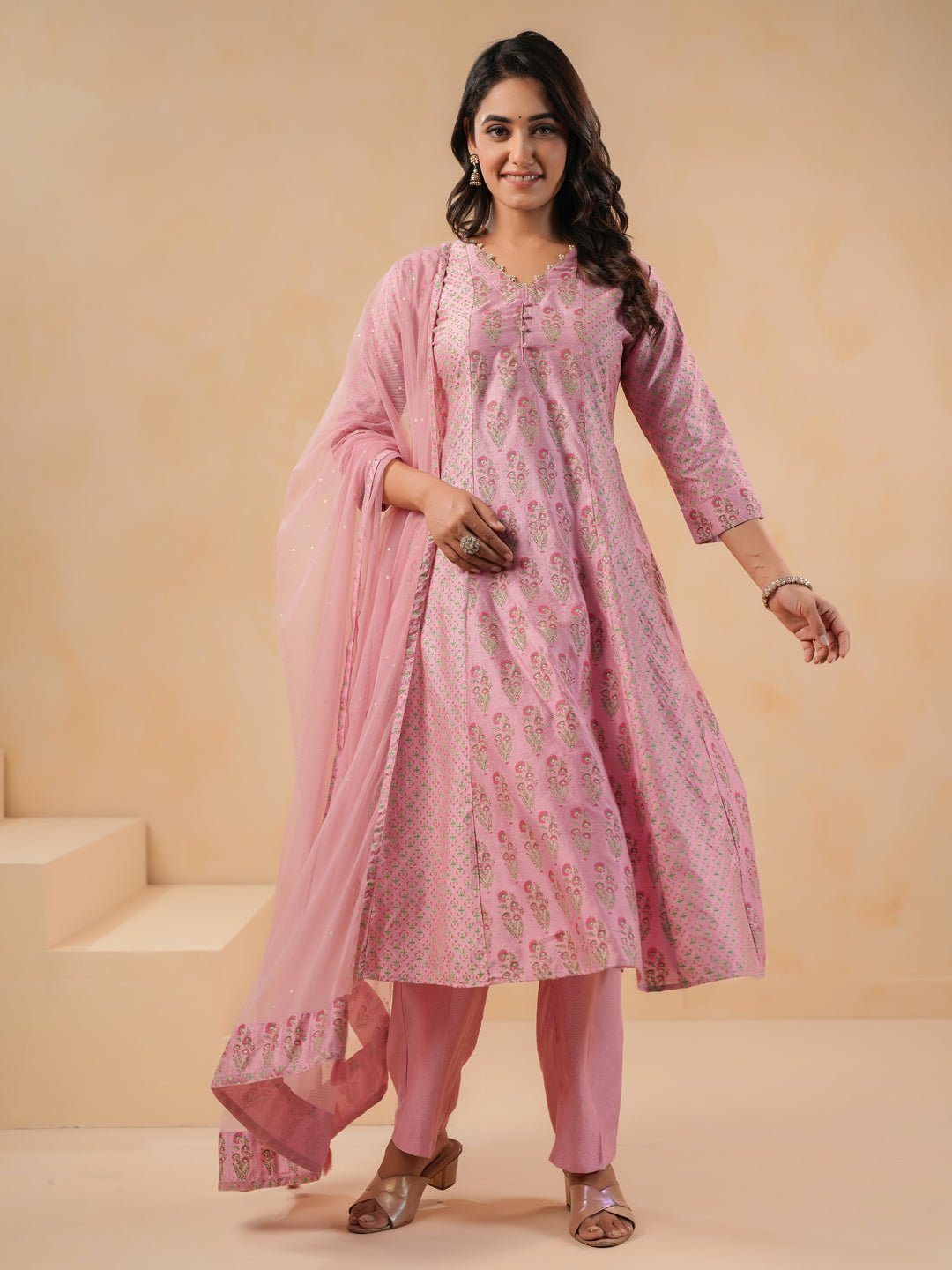Span Pink V Neck Viscose Kali Kurta Set with Dupatta