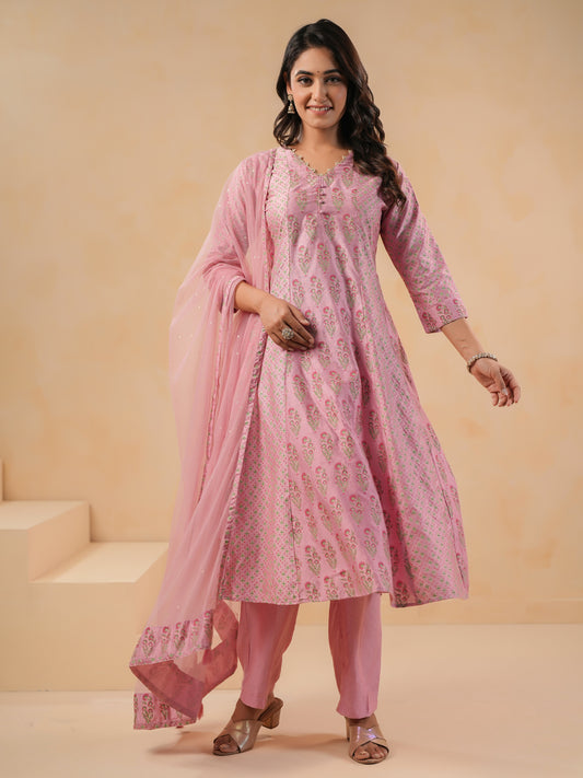 Span Pink V Neck Viscose Kali Kurta Set with Dupatta