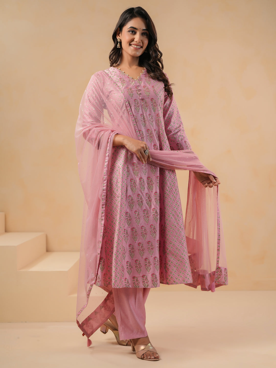 Span Pink V Neck Viscose Kali Kurta Set with Dupatta