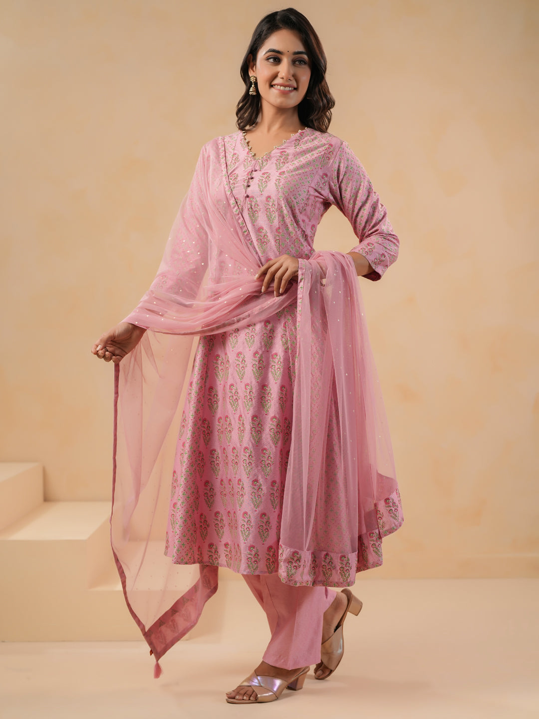 Span Pink V Neck Viscose Kali Kurta Set with Dupatta