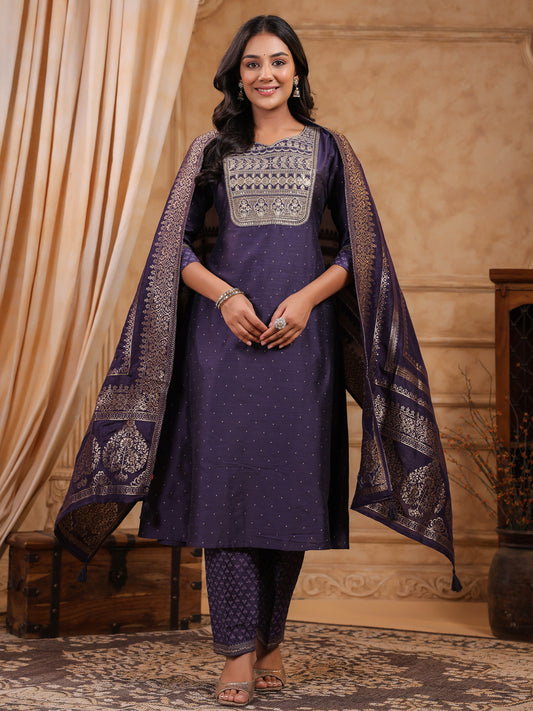 Span Purple V Neck Silk Kurta Set with Dupatta
