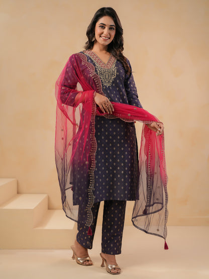 Span Purple V Neck Cotton Kurta Set with Dupatta