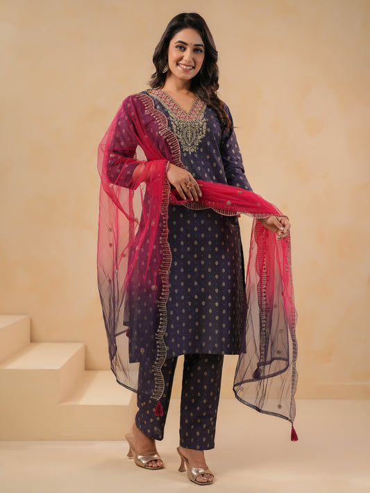 Span Purple V Neck Cotton Kurta Set with Dupatta