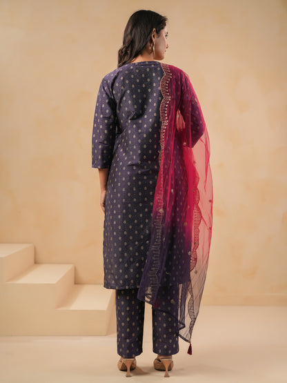 Span Purple V Neck Cotton Kurta Set with Dupatta