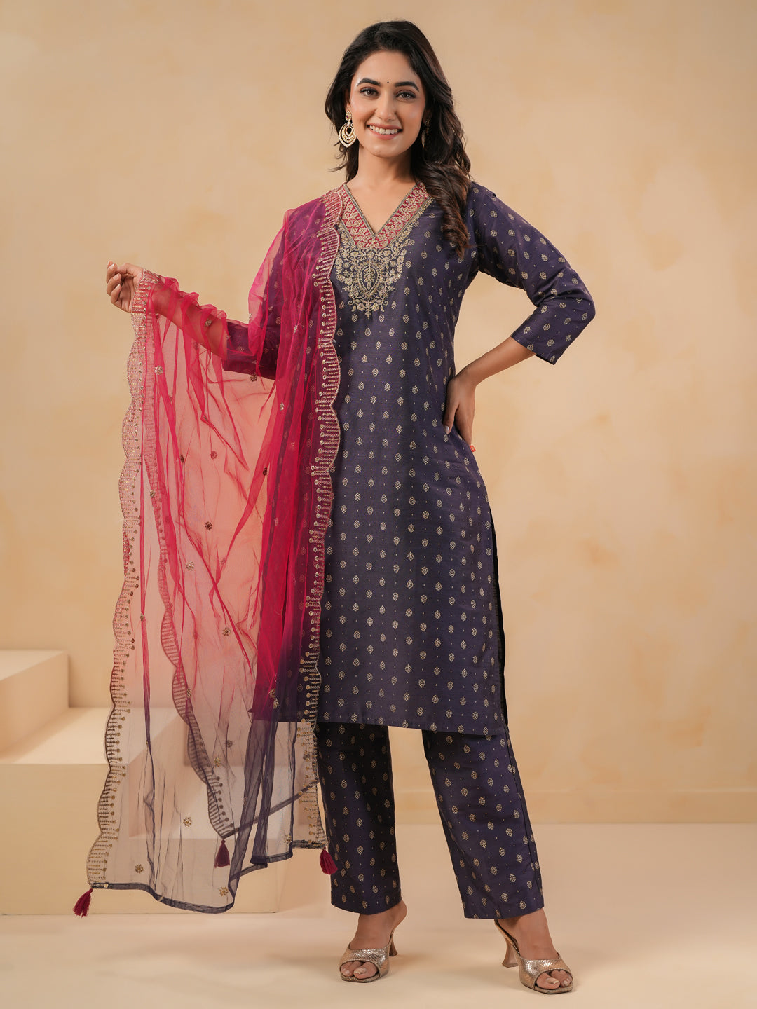 Span Purple V Neck Cotton Kurta Set with Dupatta