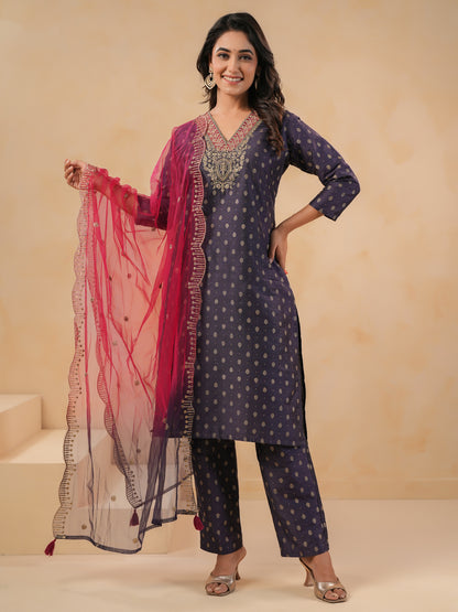Span Purple V Neck Cotton Kurta Set with Dupatta
