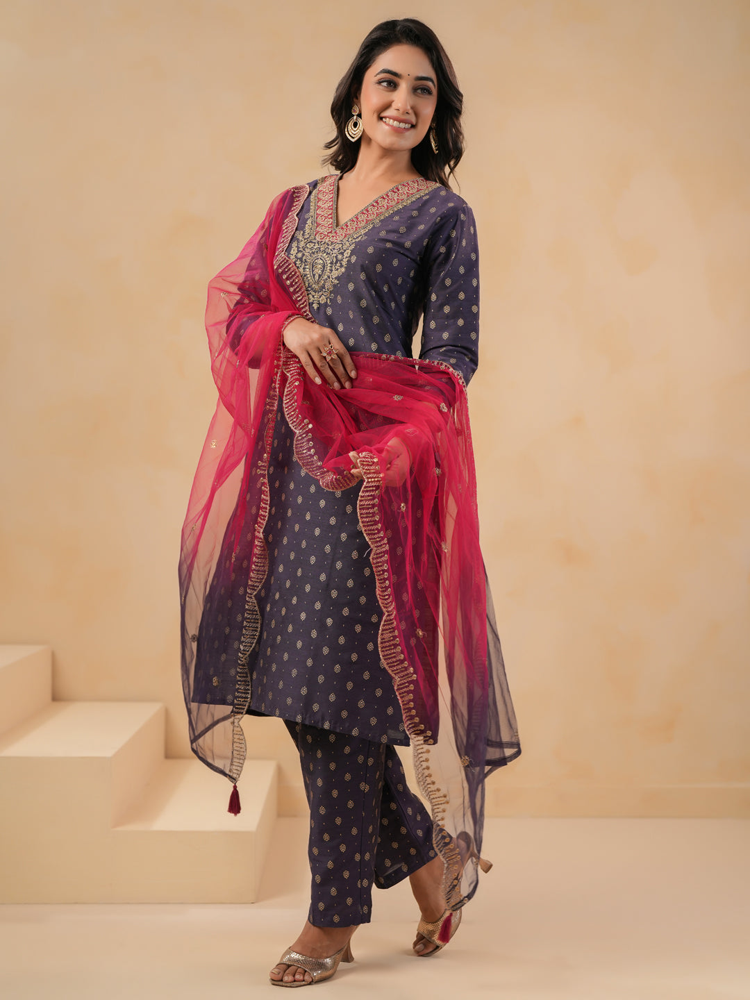 Span Purple V Neck Cotton Kurta Set with Dupatta