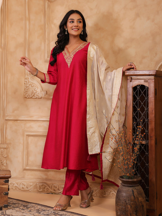 Span Pink V Neck Viscose Kurta Set with Dupatta