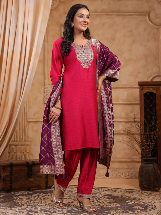 Span Pink Round Neck Viscose Kurta Set with Dupatta