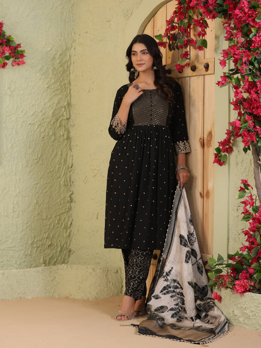 Span Black Round Neck Polyster Kurta Set with Dupatta