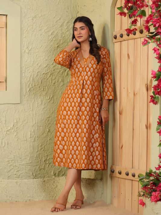 Span Orange V Neck Polyster Kurta