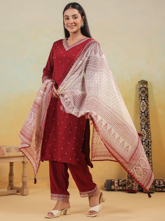 Span Burgundy V Neck Rayon Kurta Set with Dupatta