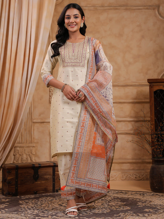 Span Ivory Round Neck Silk Kurta Set with Dupatta
