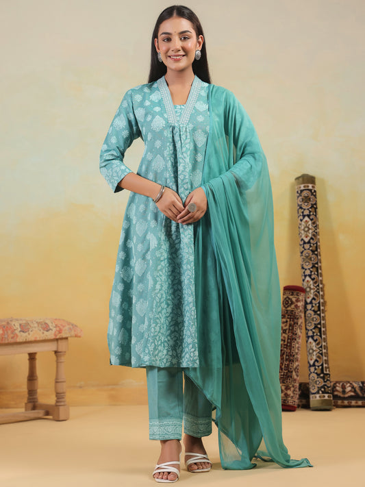 Span Green Deep V Cotton Kurta Set with Dupatta