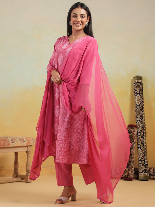 Span Pink V Neck Cotton Kurta Set with Dupatta