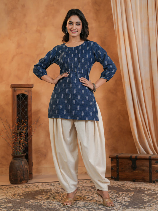 Span Blue Round Neck Cotton Short Kurta