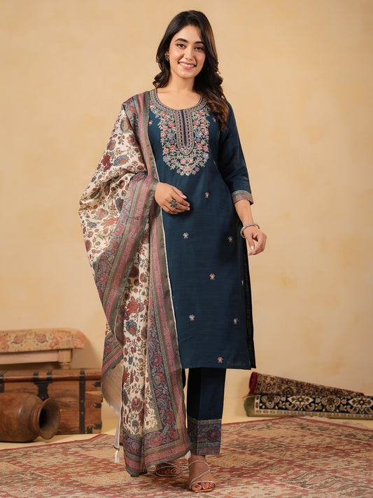 Span Blue Round Neck Silk Kurta Set with Dupatta