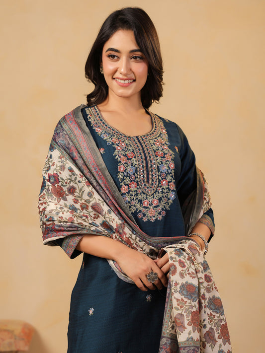 Span Blue Round Neck Silk Kurta Set with Dupatta