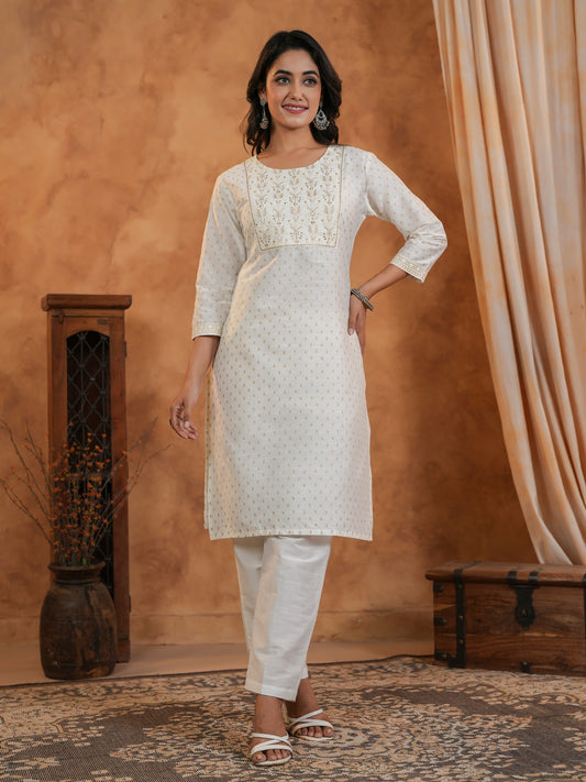 Span White Round Neck Silk Kurta
