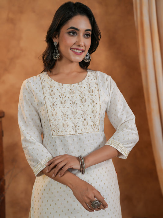 Span White Round Neck Silk Kurta