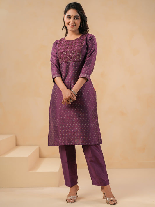 Span Purple Round Neck Silk Kurta