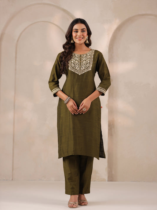 Span Green Round Neck Silk Kurta