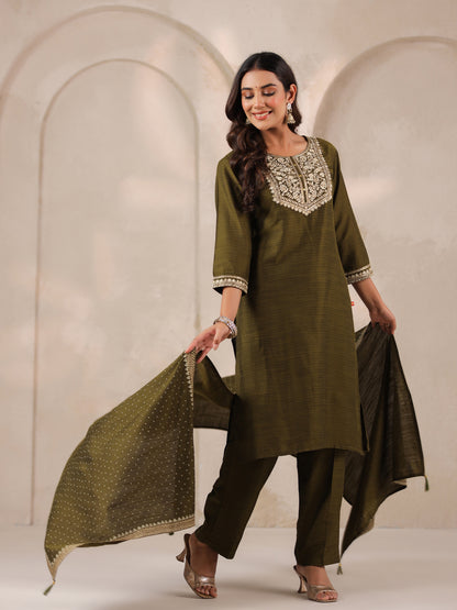 Span Green Round Neck Silk Kurta