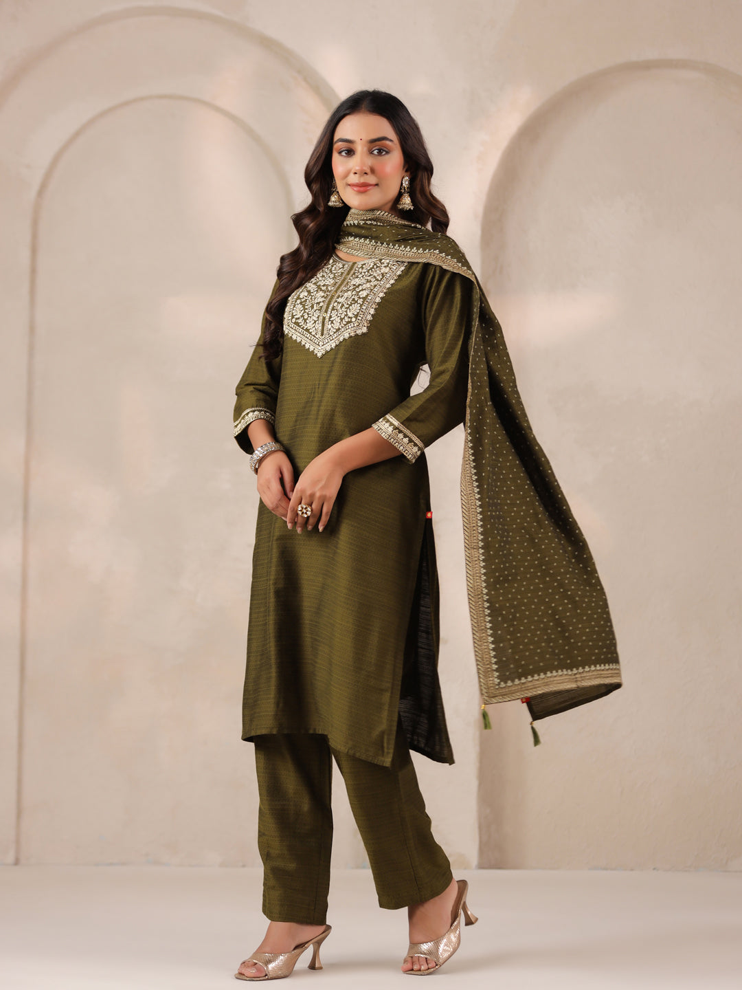 Span Green Round Neck Silk Kurta