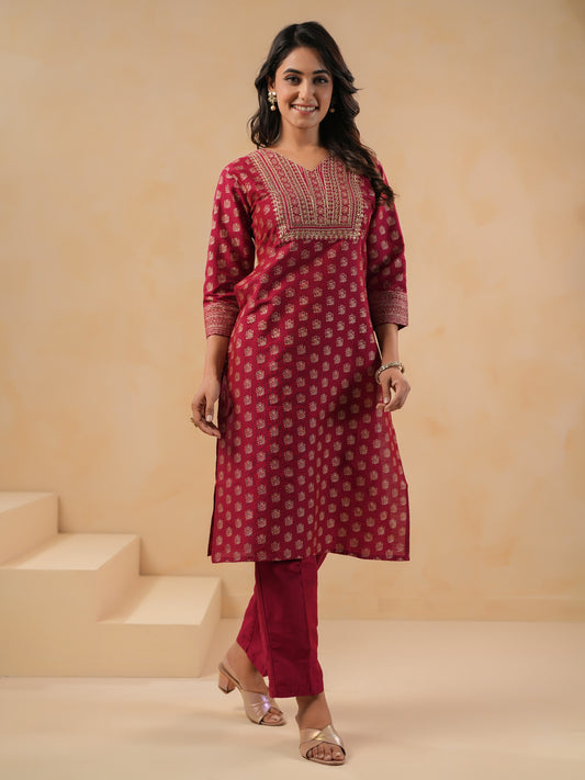Span Red V Neck Silk Kurta