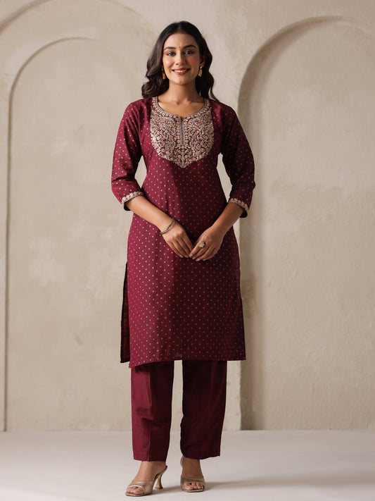 Span Purple Round V Neck Silk Kurta