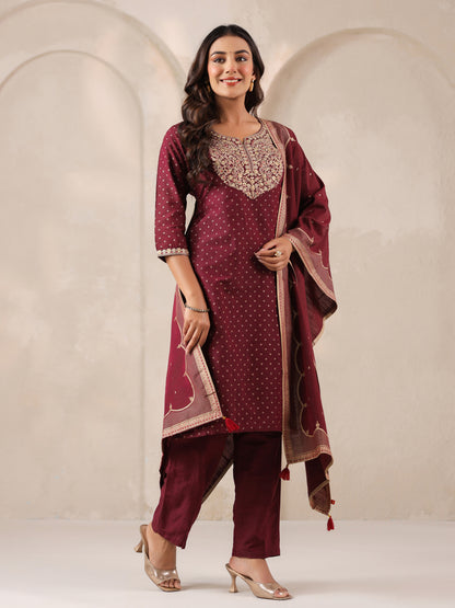Span Purple Round V Neck Silk Kurta