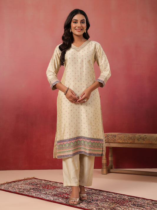 Span Ivory V Neck Silk Kurta