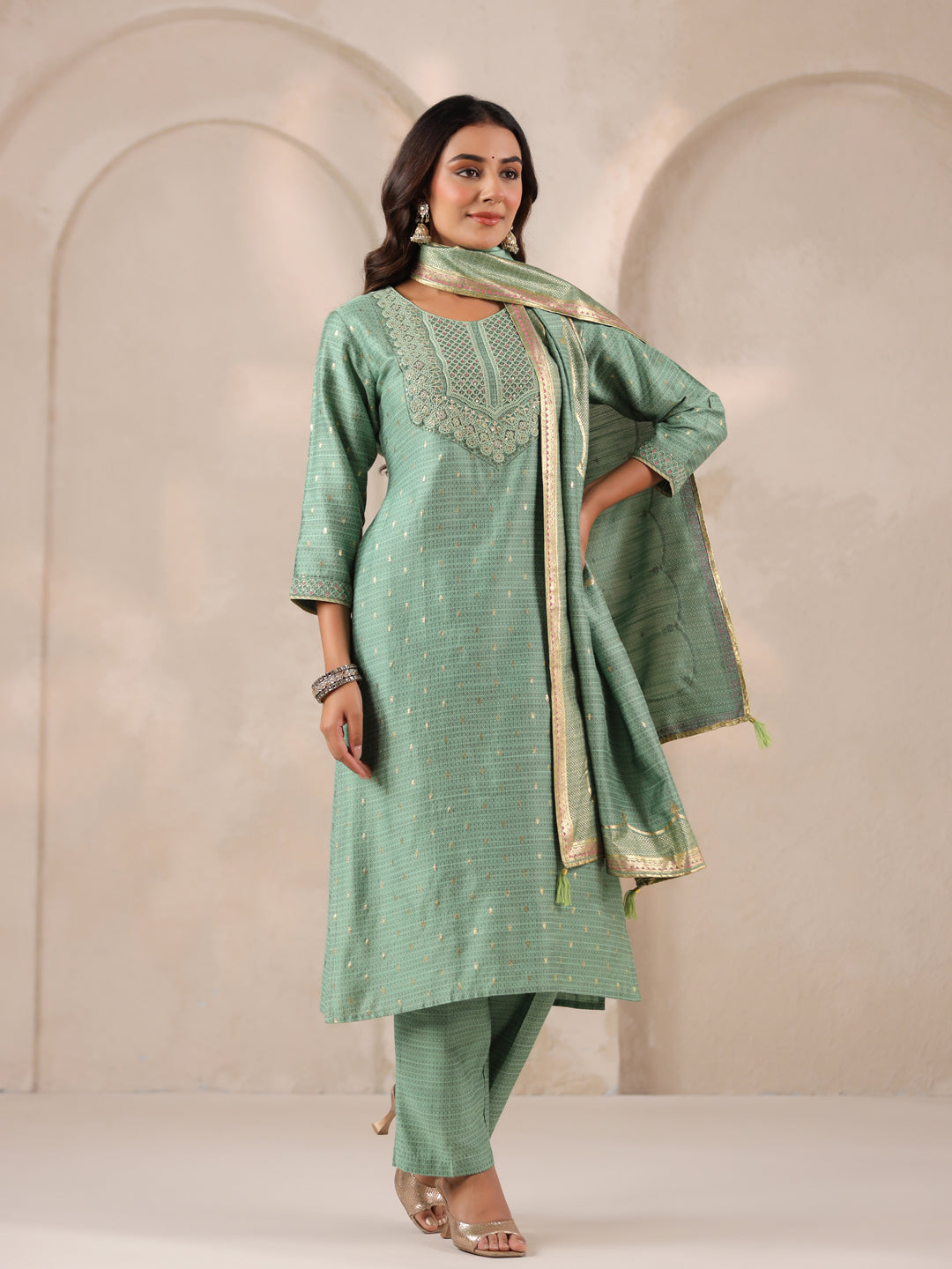 Span Green Round Neck Visocse Kurta