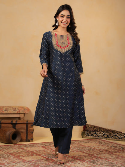 Span Blue Round V Neck Silk Kurta
