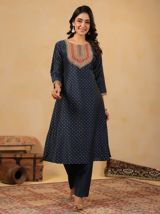 Span Blue Round V Neck Silk Kurta