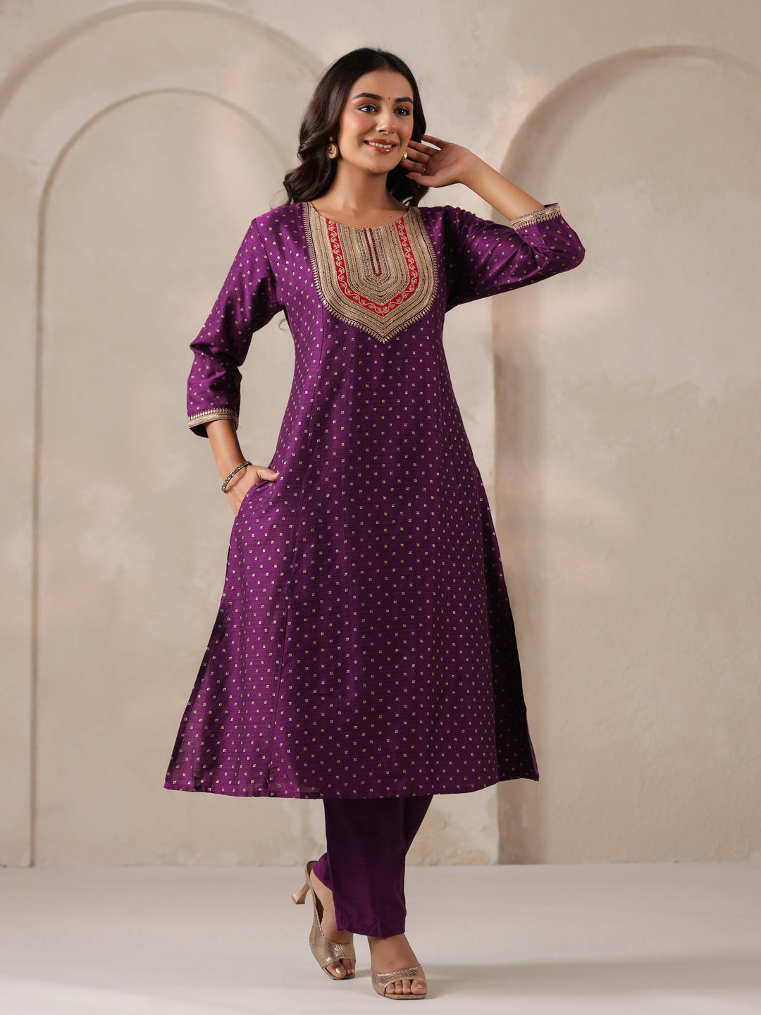 Span Purple Round Neck Visose Kurta