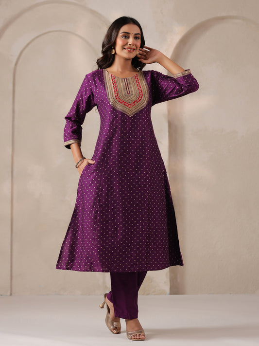 Span Purple Round Neck Visose Kurta