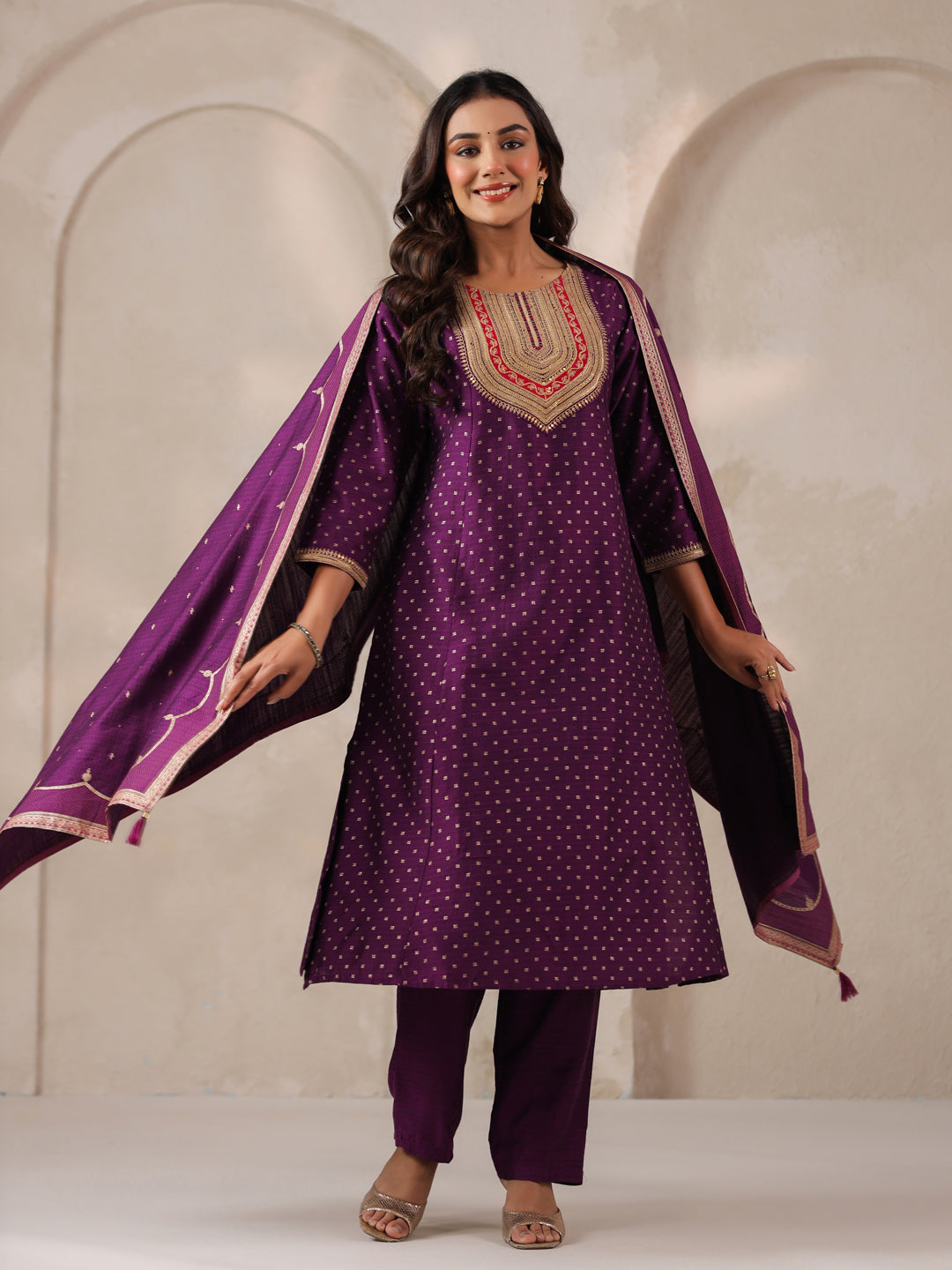 Span Purple Round Neck Visose Kurta