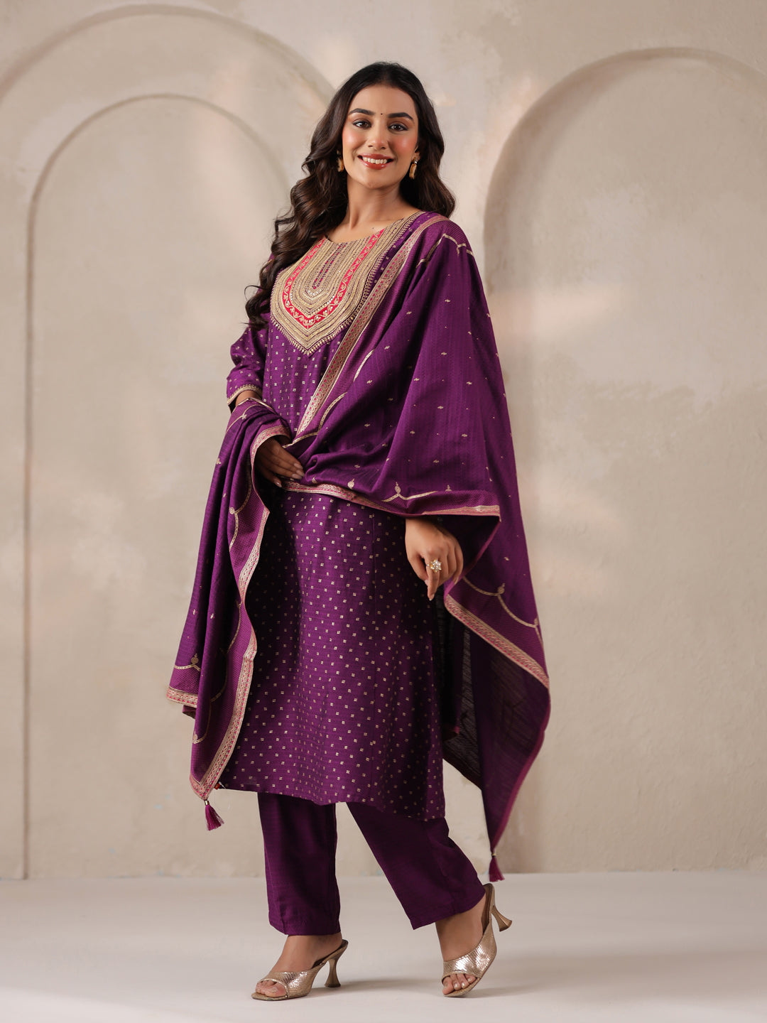 Span Purple Round Neck Visose Kurta