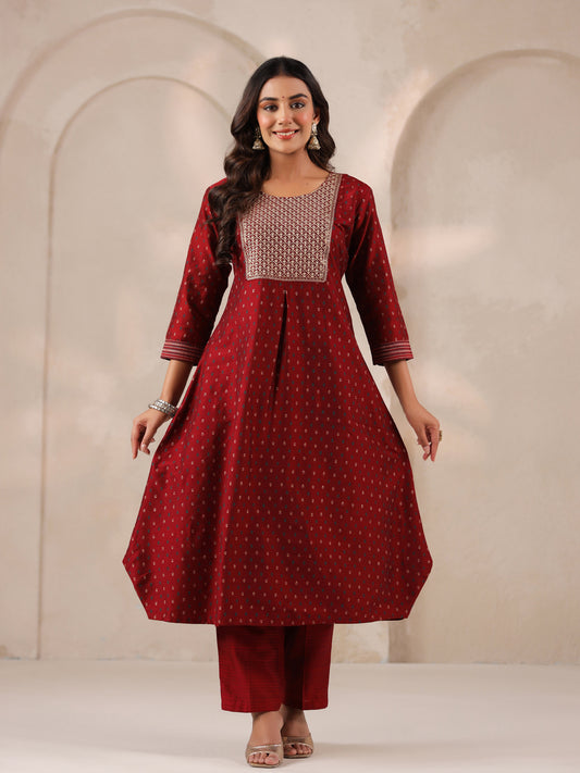 Span Burgundy Round Neck Silk Kurta